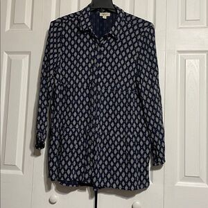 Style & Co cotton blend navy blue print tunic long sleeve button down shirt XL